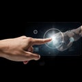 Hand touching virtual screen with network connection on black background, Technology concept Royalty Free Stock Photo